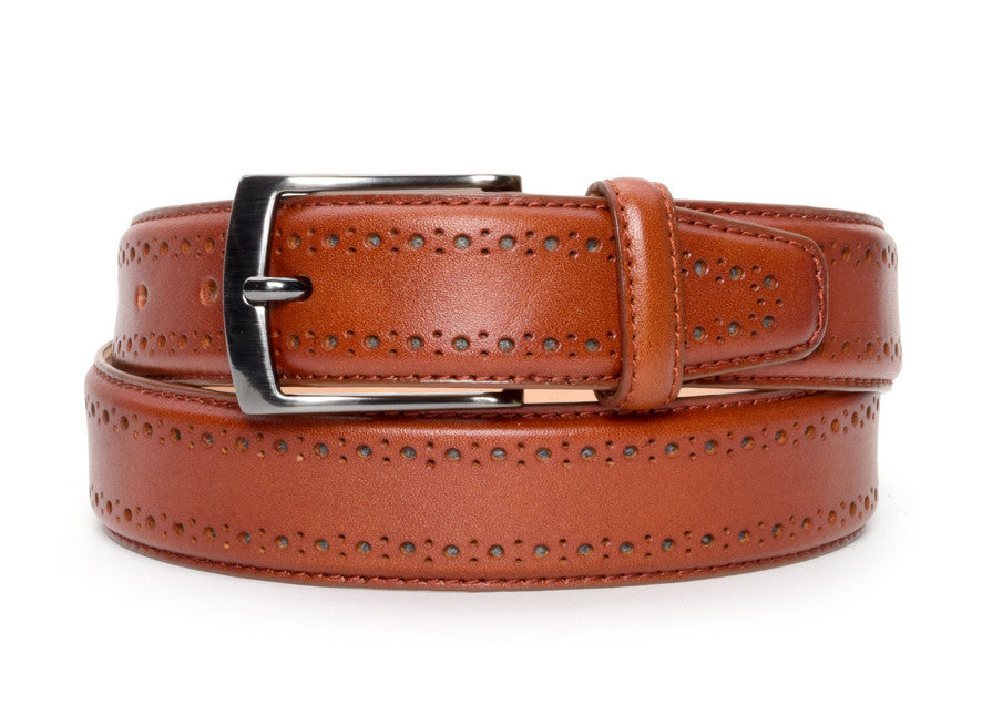 Cognac Perforated Leather Dress Belt - Warfield & Grand